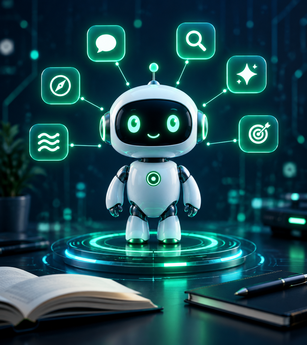 A friendly AI robot on a glowing platform, connected to floating chat, search and citation tiles