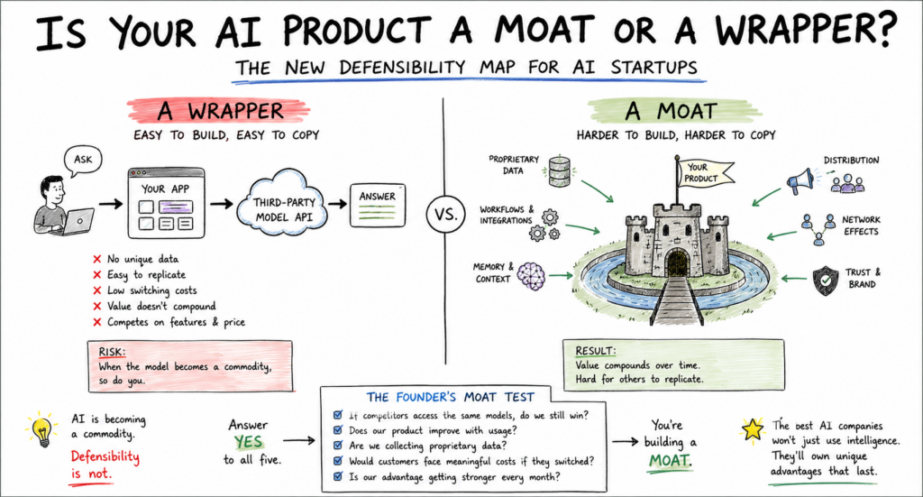 “Is Your AI Product a Moat or a Wrapper?” / “The New Defensibility Map for AI Startups”